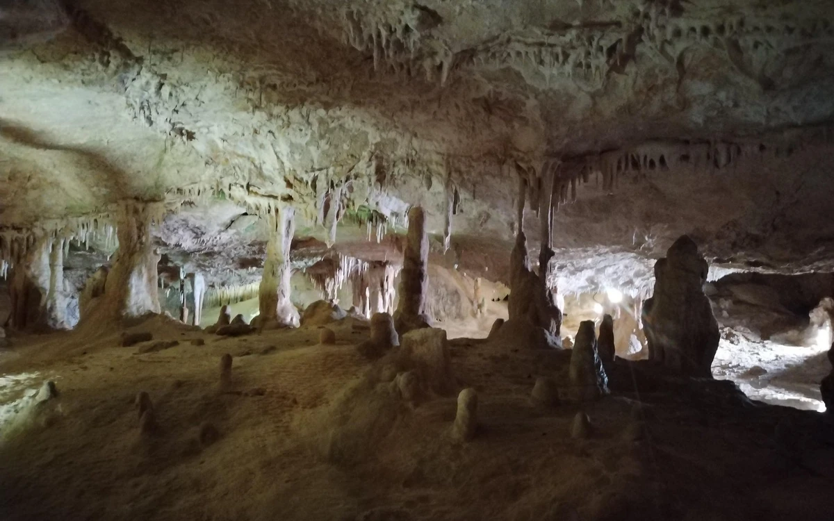 Stalactites hanging from the ceiling of a lit cave