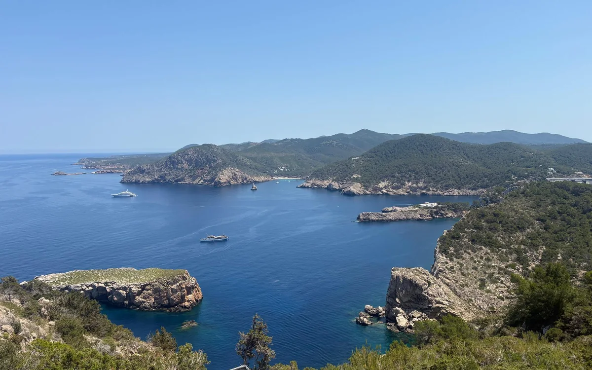 A deep blue bay on the coast of Ibiza below pine-covered hills, a few boats at anchor, seen from a hilltop