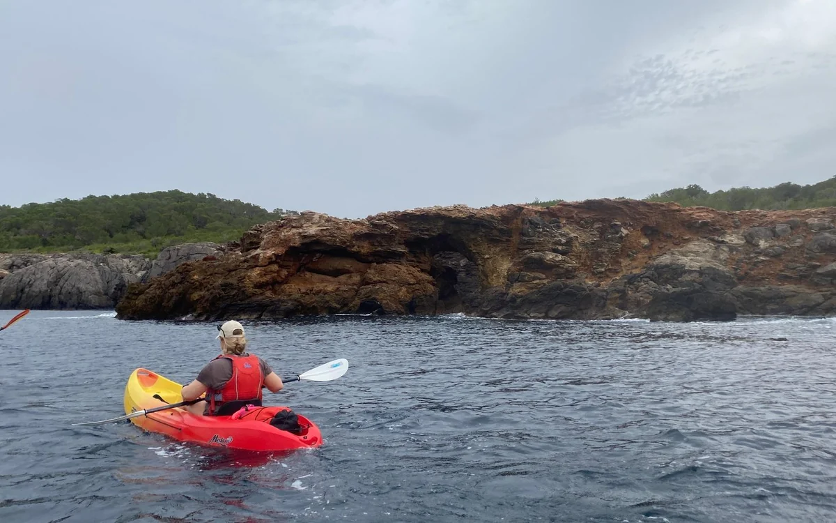 A kayaker in a red life jacket paddling towards low brown sea cliffs