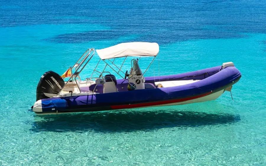 A purple inflatable speedboat with a white canopy over clear turquoise water